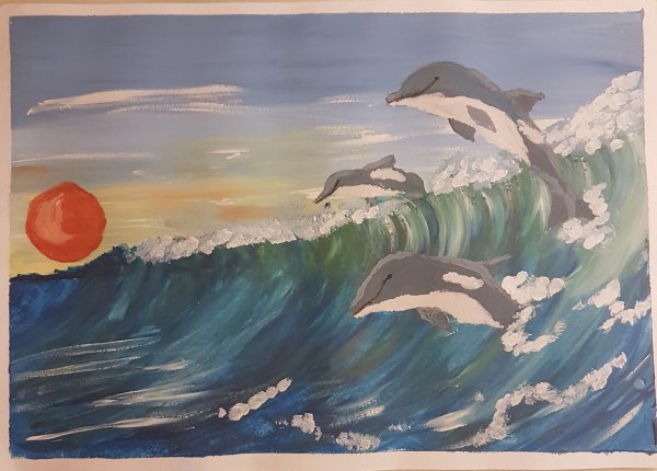 Рисование дельфинов гуашью