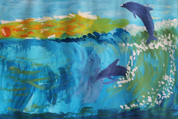 Дельфины гуашью