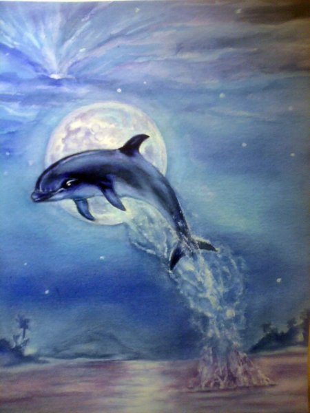 Дельфины акварелью