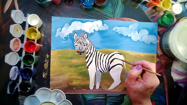 Рисунок зебры гуашью