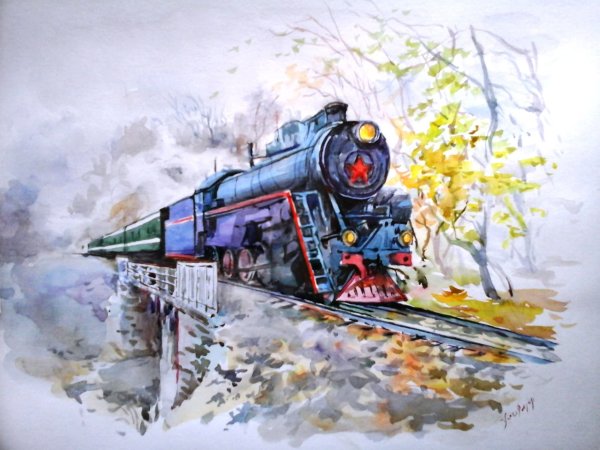 Поезд акварель