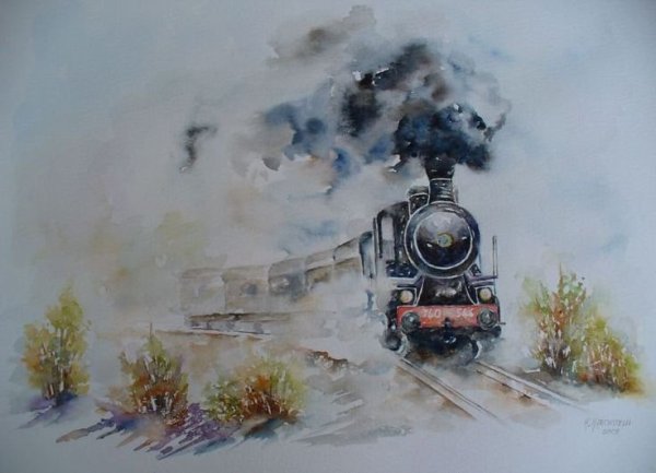 Паровоз акварель