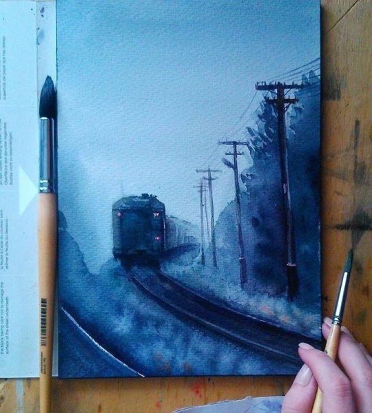 Железная дорога акварель
