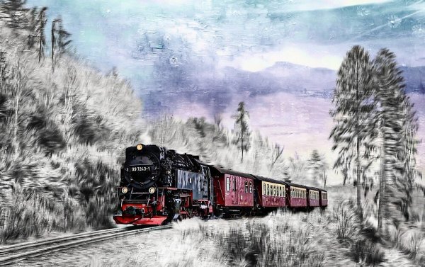 Зимний пейзаж с поездом