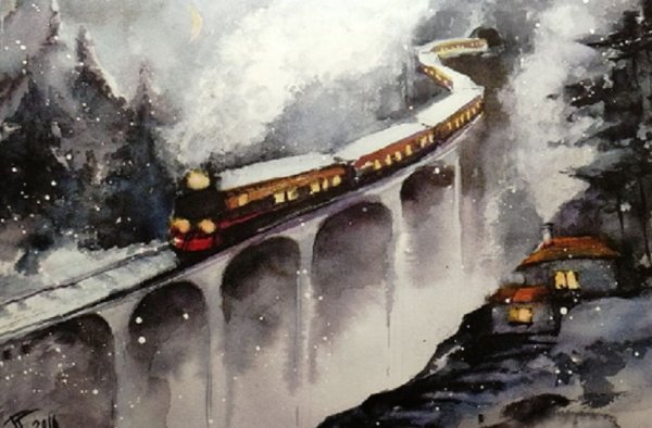 Зимний пейзаж с поездом