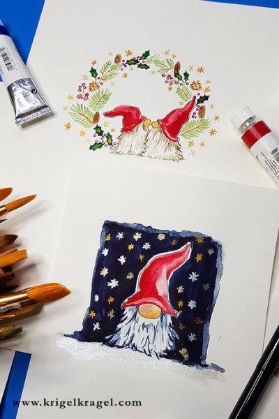 Новогодняя открытка акриловыми красками