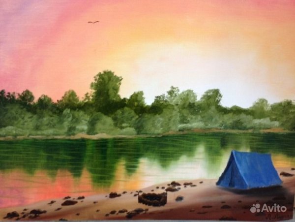 Рисунок палатки на берегу реки