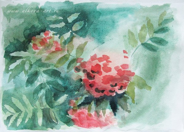 Веточка рябины гуашью