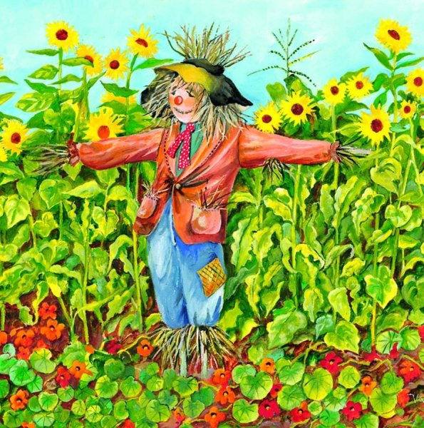 Пугало в осеннем огороде