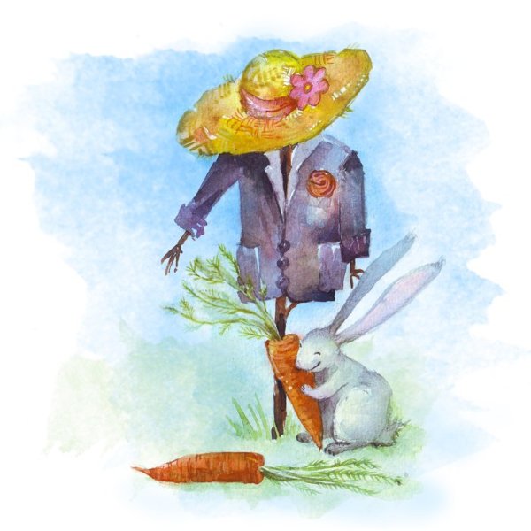 Пугало огородное акварелью