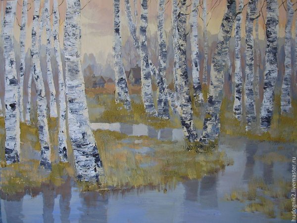 Пейзаж с березами гуашью