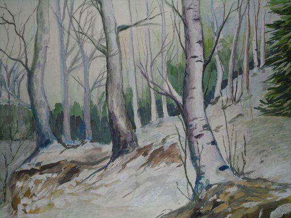 Весенний лес гуашью березы