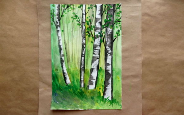 Рисование березы мелками