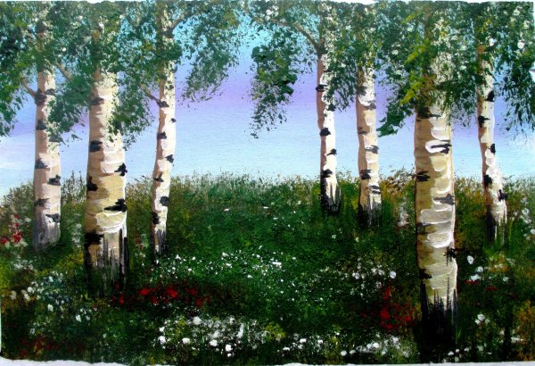 Березовая роща гуашью