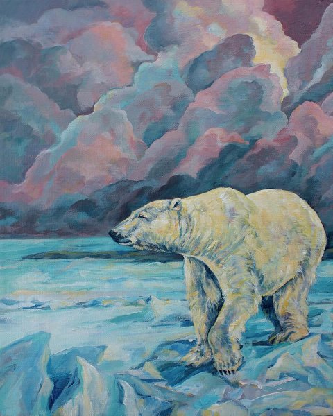 Рисование белый медведь и Северное сияние