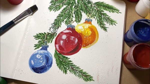 Рисуем новогодний шар гуашью на кружке