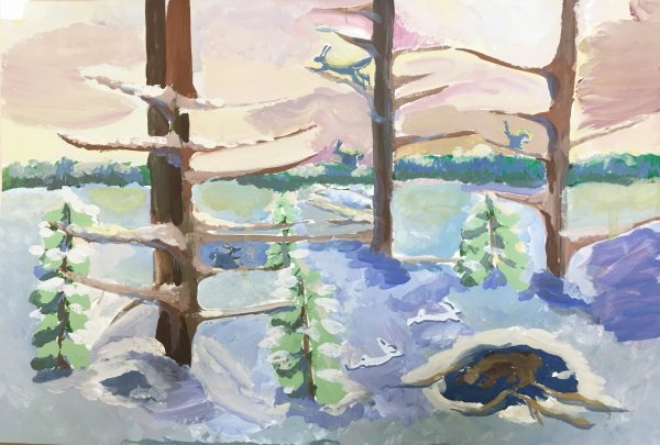 Зимний пейзаж гуашью для детей 9 лет