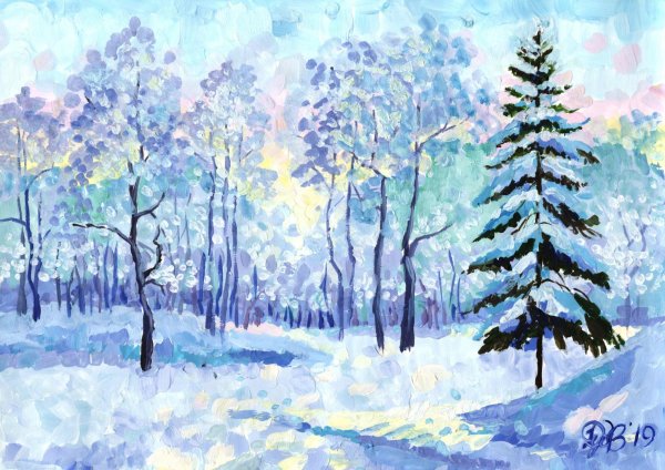 Пейзаж гуашью зима