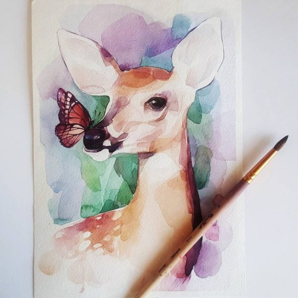 Олененок акварель