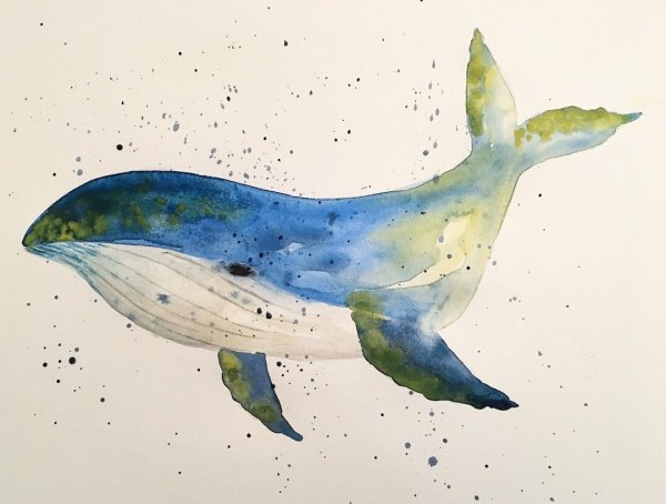 Синий кит акварель