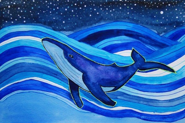 Кит в море гуашь