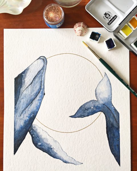 Киты акварелью пошагово