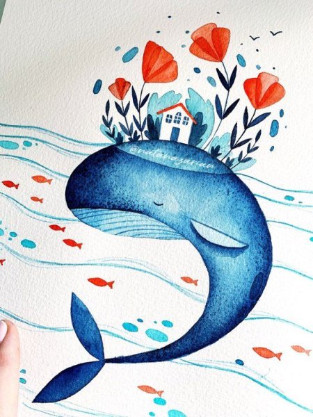 Кит акварелью для детей