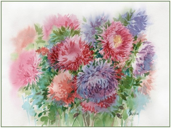 Астры георгины пионы гуашь