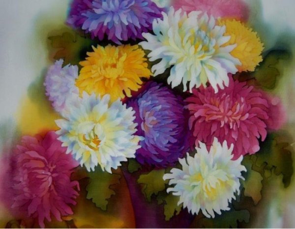 Астры акварелью по сырому