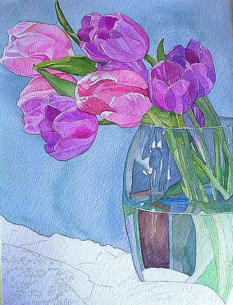 Тюльпаны в вазе акварелью