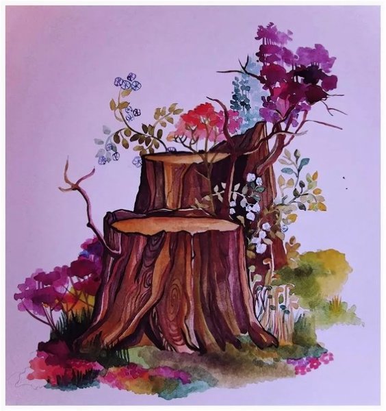 Пень акварелью
