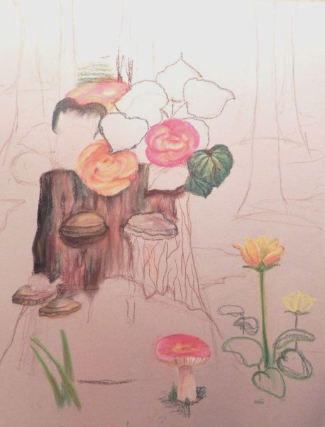 Пенек с грибами акварелью