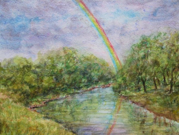 Пейзаж с радугой цветными карандашами