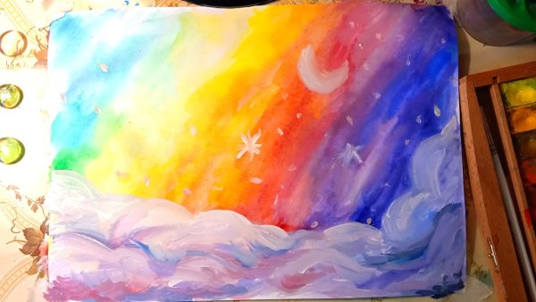 Пейзаж с радугой цветными карандашами