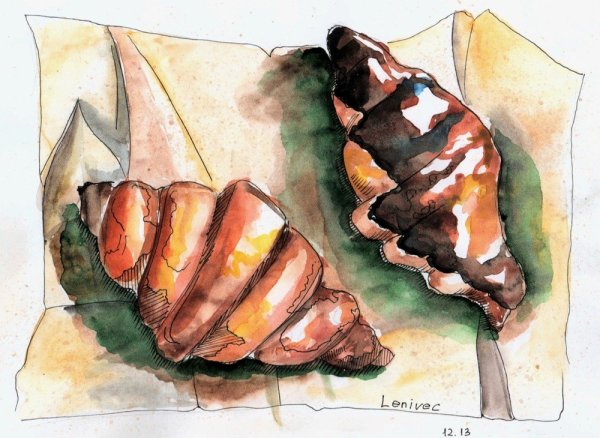 Круассан скетч акварелью