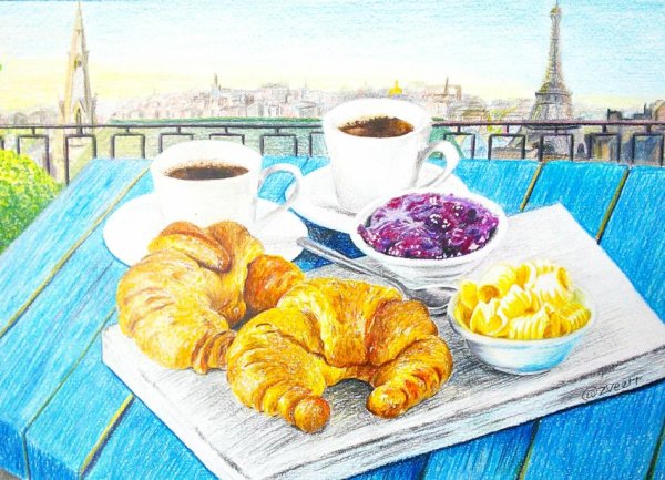 Натюрморт завтрак с круассаном