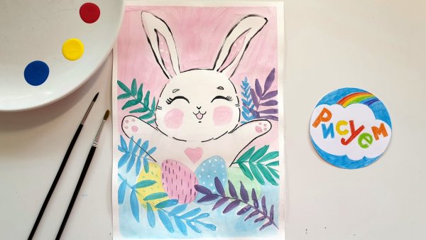 Пасхальный заяц гуашью с детьми
