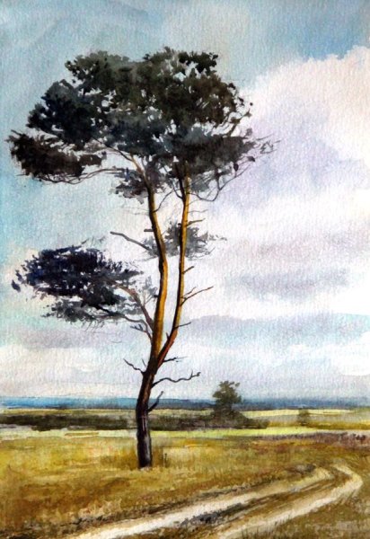 Пейзаж с деревьями акварелью