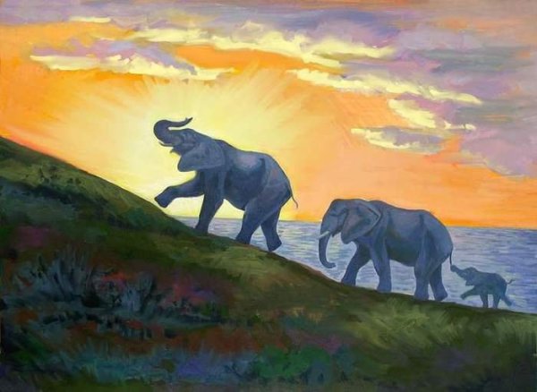 Слоны гуашью