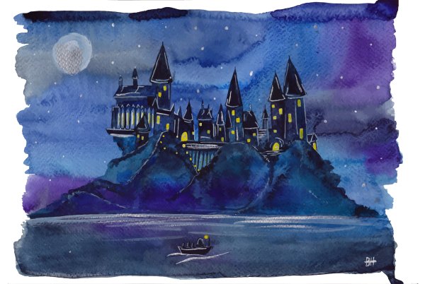 Гарри Поттер замок Хогвартс акварель