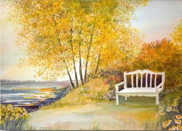 Скамейка в парке акварель