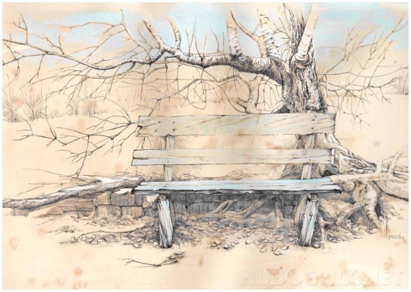 Скамейка акварелью