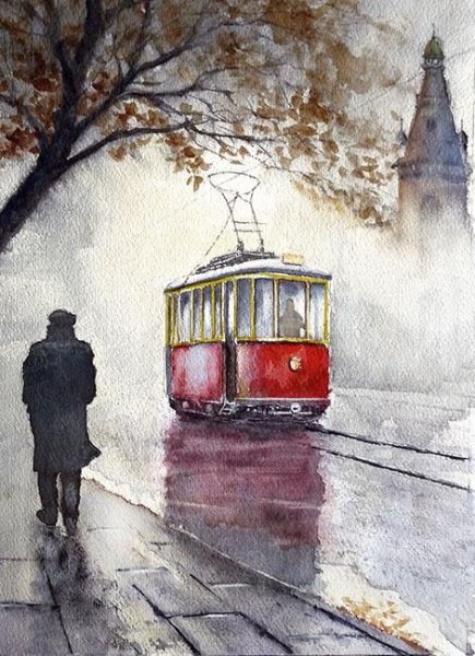 Трамвай акварель