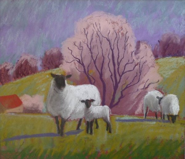 Пейзаж с овечками рисунок