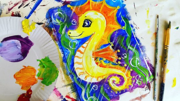 Подводный мир восковыми мелками и акварелью