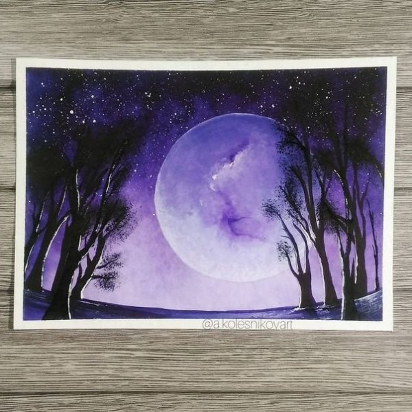 Лунный пейзаж гуашью