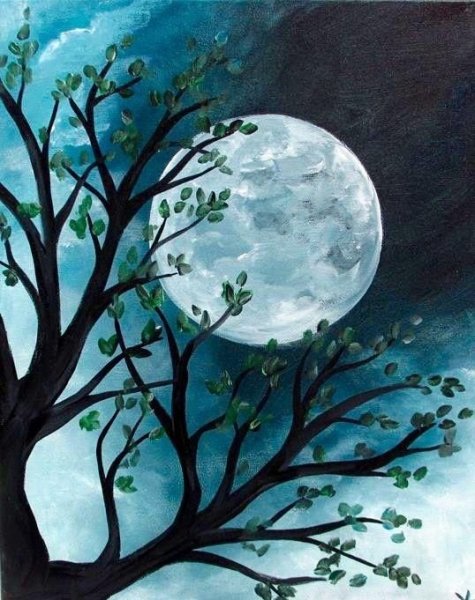 Ночной зимний пейзаж акварелью