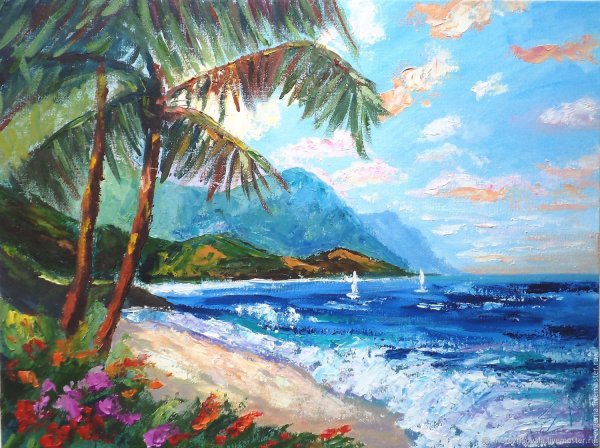 Пейзаж моря гуашью