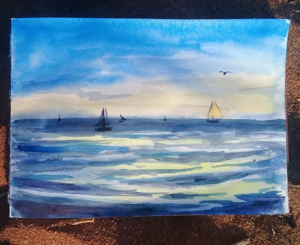 Морской пейзаж гуашью для детей