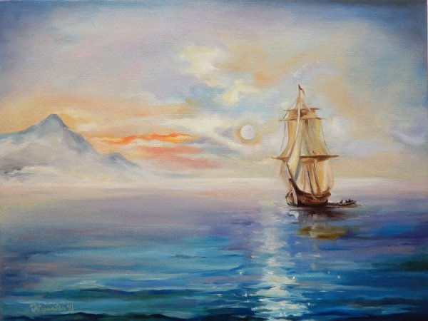 Корабль в море гуашью